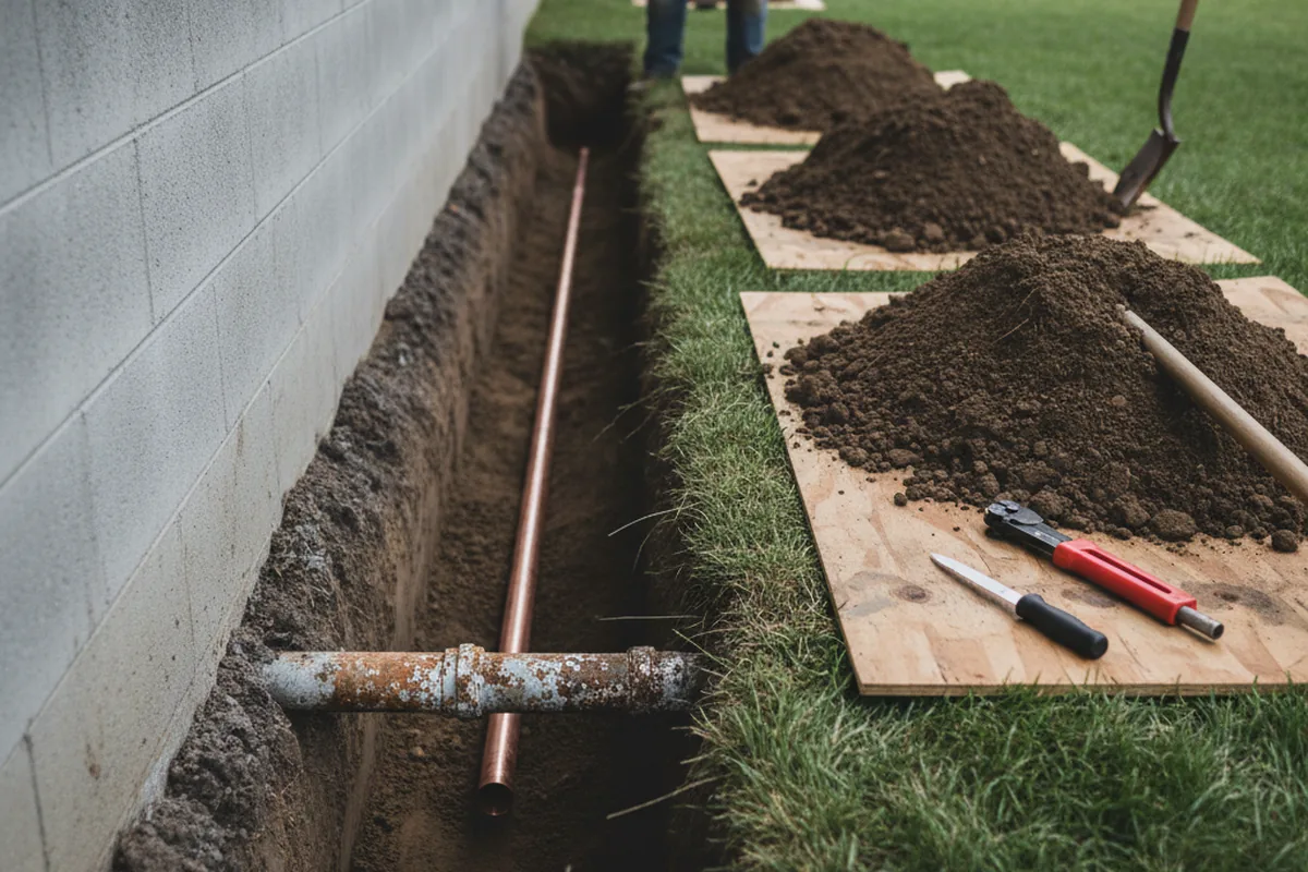 Excavated water line trench during Water Softener Installation in Lucerne